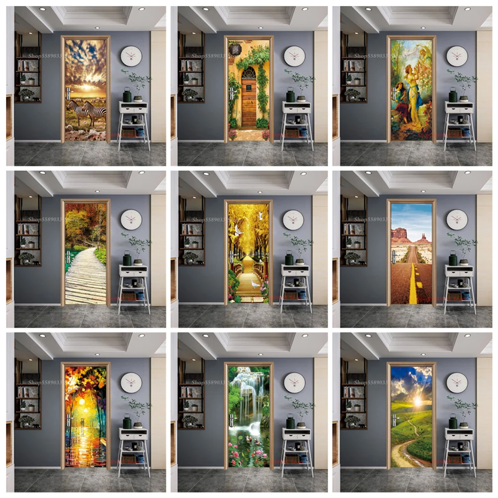 3D Natural Landscape Door Wallpapers Vinyl Self-adhesive Living Room Corridor Decor Mural Sundown Field Path Door Sticker Home