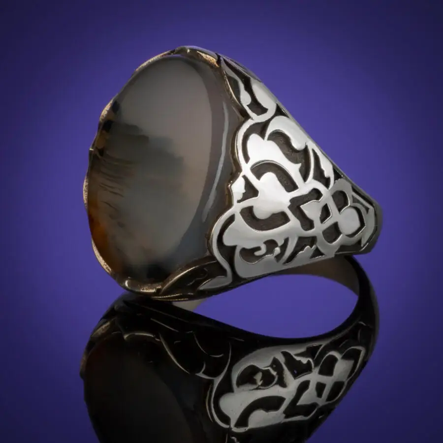 

925 Sterling Silver Patterned Stone Silver Men's Ring