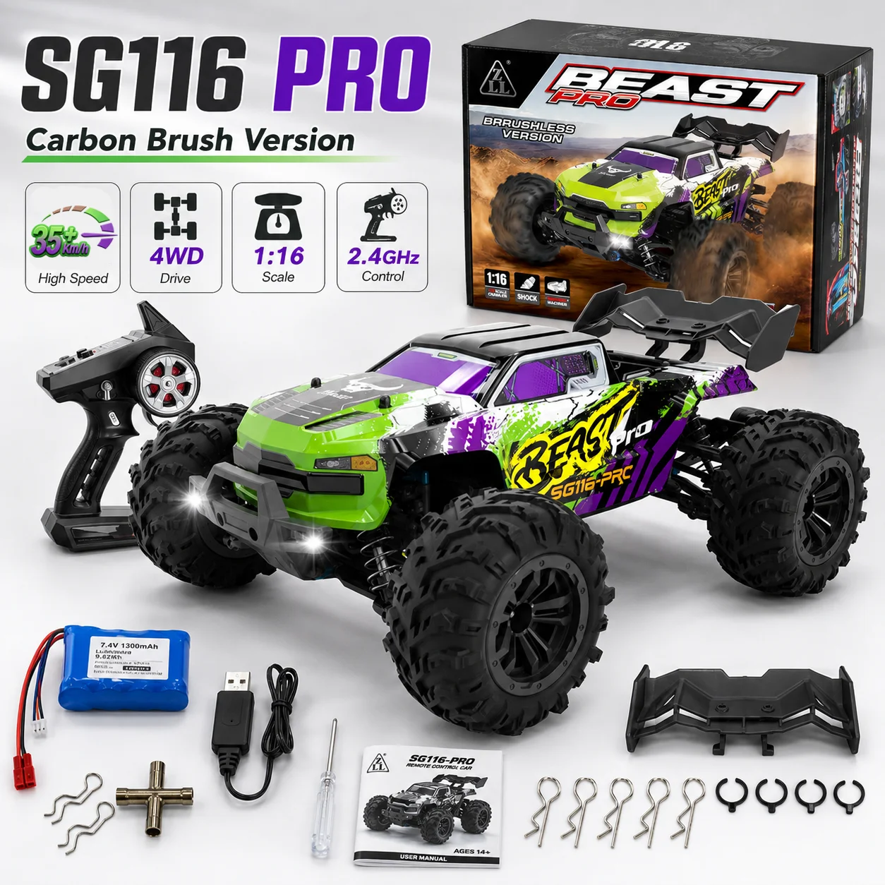 1:16 RC-Auto mit Kohlebürstenmotor, 4WD, 35 km/h, 150 m Reichweite, 2,4-GHz-Controller, LED-Scheinwerfer, unabhängige Federbein-Stoßdämpfer, Hochgeschwindigkeits-Rennfahrzeug