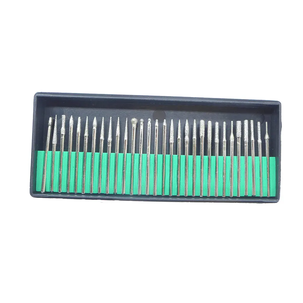 30PCS 2.35mm 다이아몬드 버 그라인딩 로터리 공구 세트 미니 드릴 비트 휠 연마 목재 석재 조각 드레멜 전동 공구용