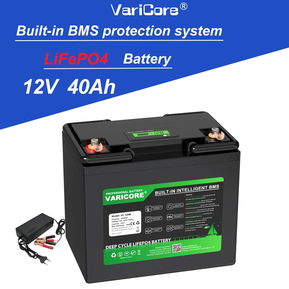 Batteria Varicore 12,8 V 40 Ah Lifepo4 con sistema BMS intelligente integrato, celle di grado A, batteria per accumulo di energia a ciclo profondo, sostituisce le batterie AGM e gel per applicazioni