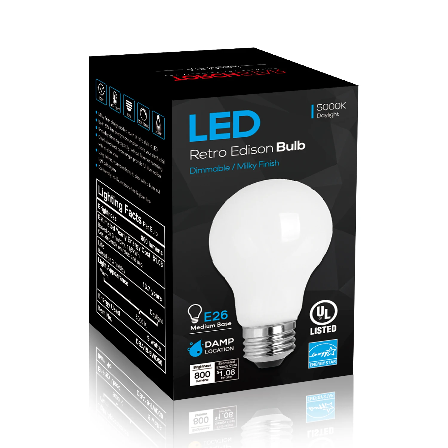 Dimmable LED A19 Light Bulb, 9.5W(60W Eqv.), E26 Base Bulbs, 800lm, 5000K Daylight, UL & Energy Star Listed, for Floor Lamp