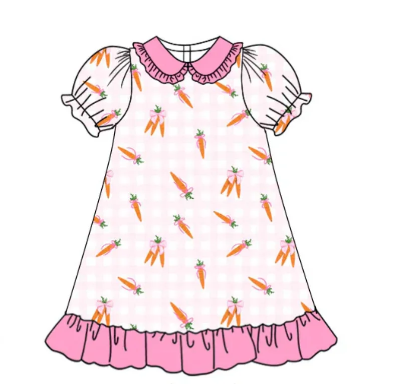 Boutique Girls Easter Outfit Bow Carrot Themed Clothes Collared Dress Matches Baby Bubble Romper Sister Clothes