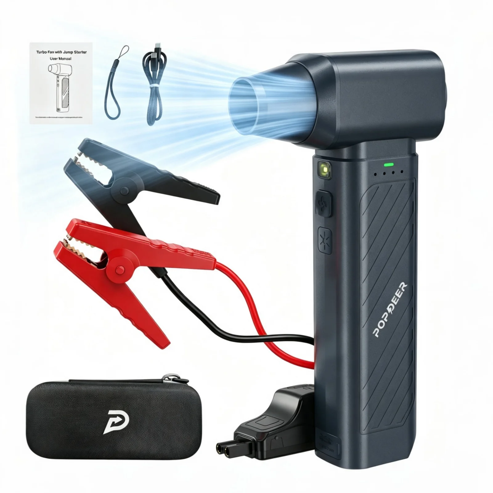 POPDEER 5000A 65W Starthilfegerät mit Turboventilator, LED-Licht & Powerbank, für alle Benzin-/8,0-Liter-Dieselmotoren