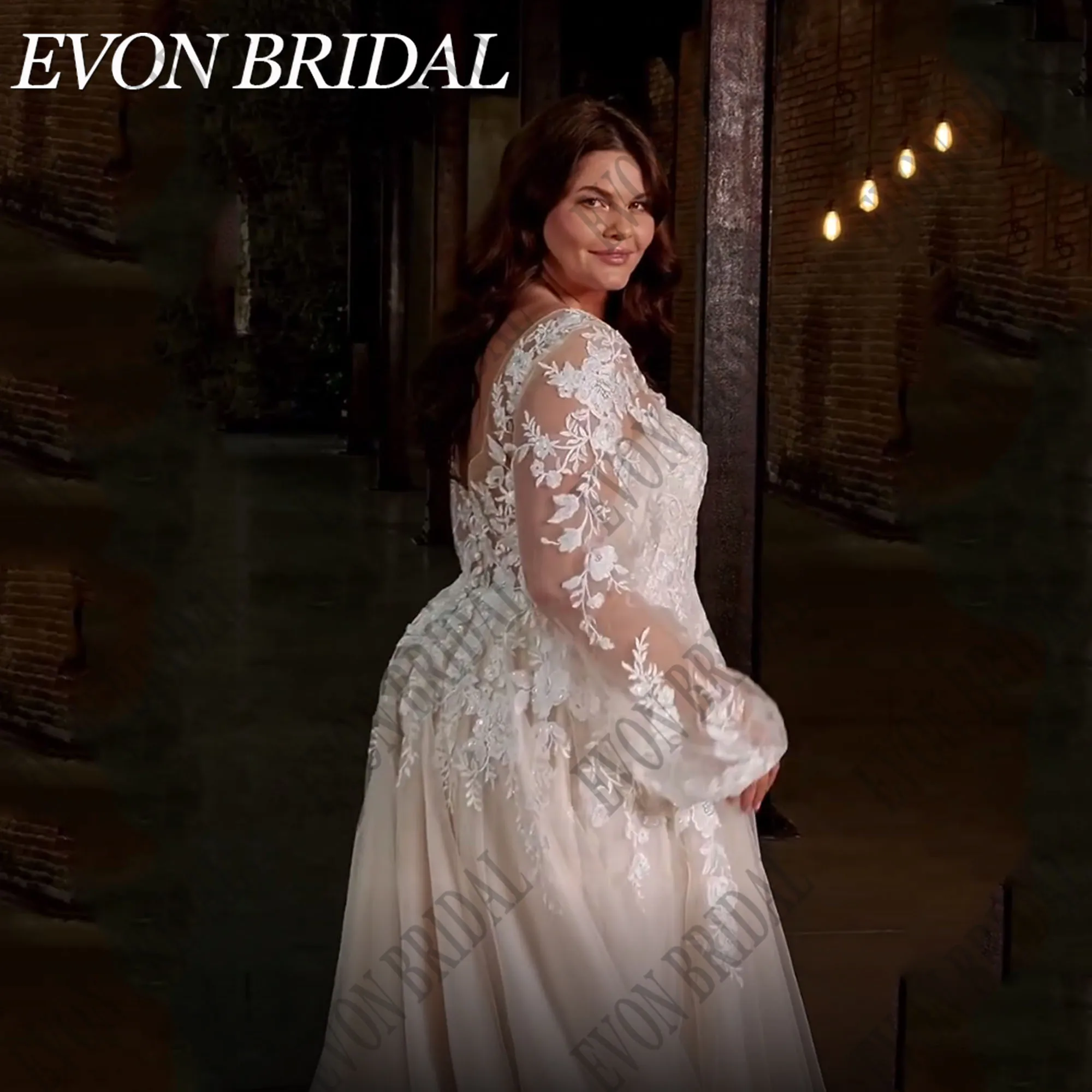 EVON BRIDAL Wedding Dress Plus Size V-Neck Puff Sleeves Applique A-Line Backless Lace Bride Gowns Sweep Train Vestido De Novia