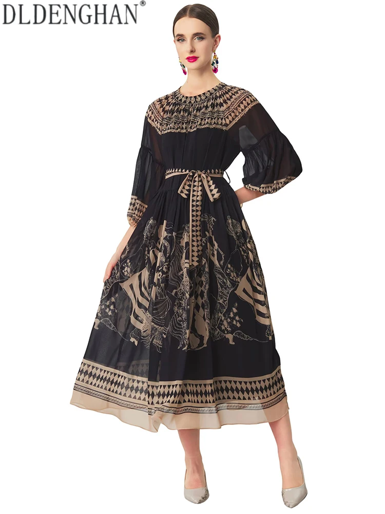 

DLDENGHAN Women O-Neck Lantern Sleeve Decorate Sashes Hotfix Rhinestone Spring Summer Classic Style Dresses