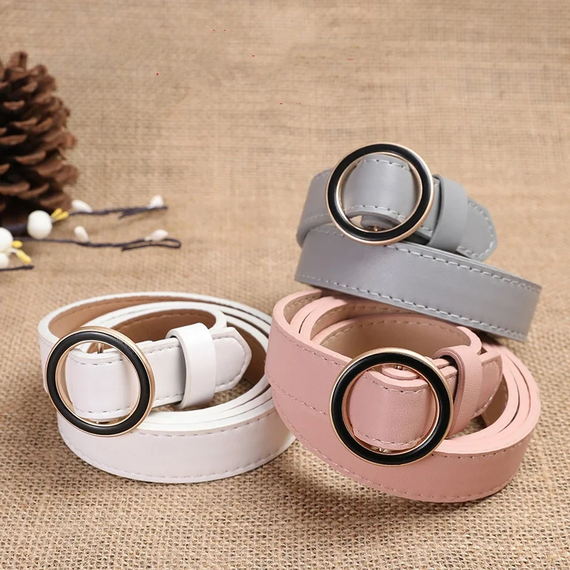 Simple Casual Women's Belt Korean Version Round Buckle Belt Faux Leather Decorative Belt for Dress Jeans Sweater