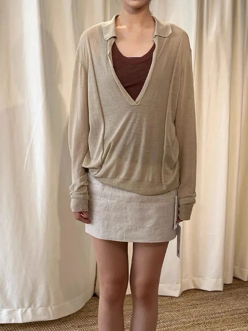 Summer elegant women's solid color jersey lapel cotton blouse