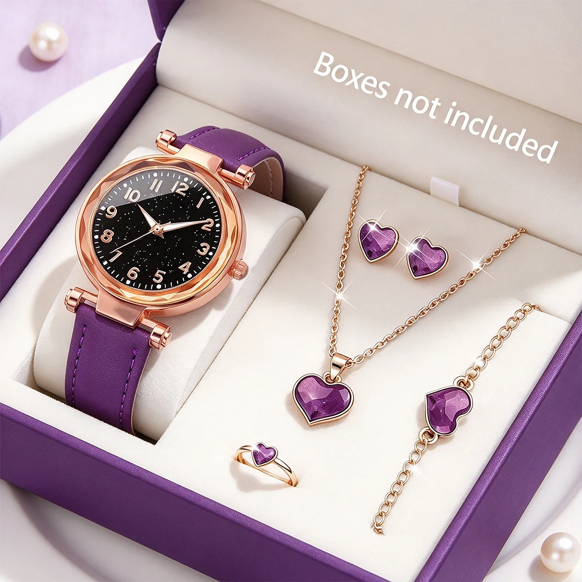 Purple Elegant and Fashionable Women's Leather Watch Set (6-Piece Set) with Heart Accessories, Cute Gift for Girls, Birthday Gift, Daily Wear