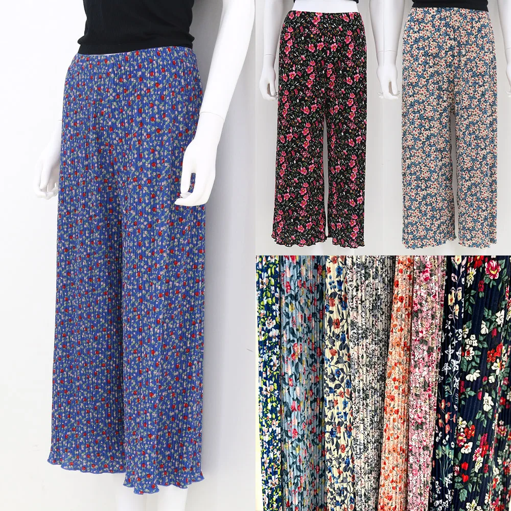 Pantalones Plisados de Verano con Cintura Fruncida, Estampado Floral, Ropa de Estar por Casa.