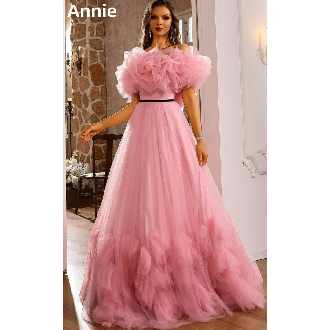 

Annie Sweet Pink Prom Dresses Handmade Tulle Curled Edge Evening Dresses Sexy Off Shoulder Princess Party Dress فساتين سهرة