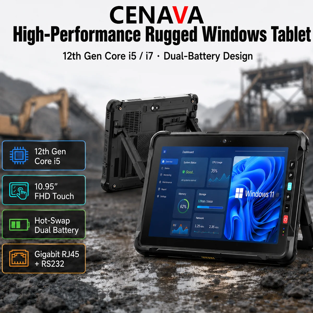 CENAVA W109U 10.95 Inch IP67 Rugged Windows 11 Tablet Intel Core i5 i7 DDR5 8600mAh Dual Battery RJ45 RS232 Industrial Tablet PC