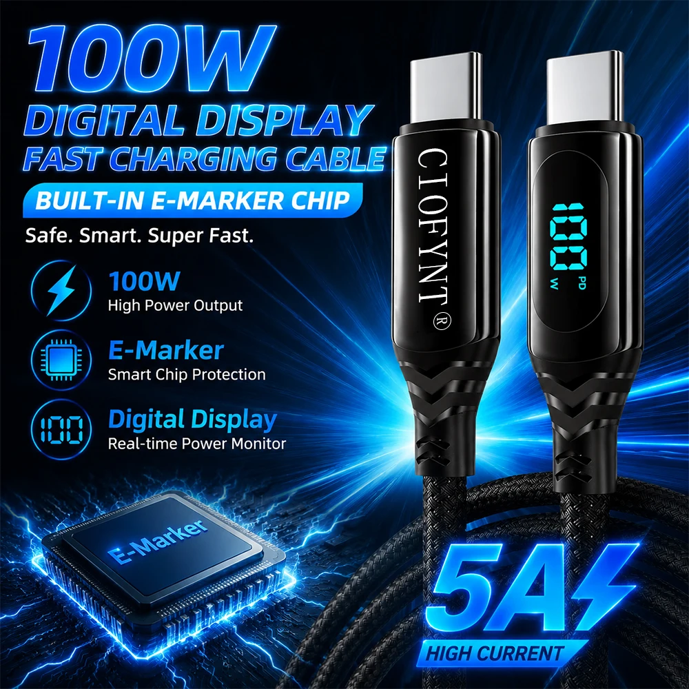 CIOFYNT 100W USB-C to USB-C Cable, 1M Nylon Braided PD Fast Charging Cord with LED Power Display & E-Marker Chip