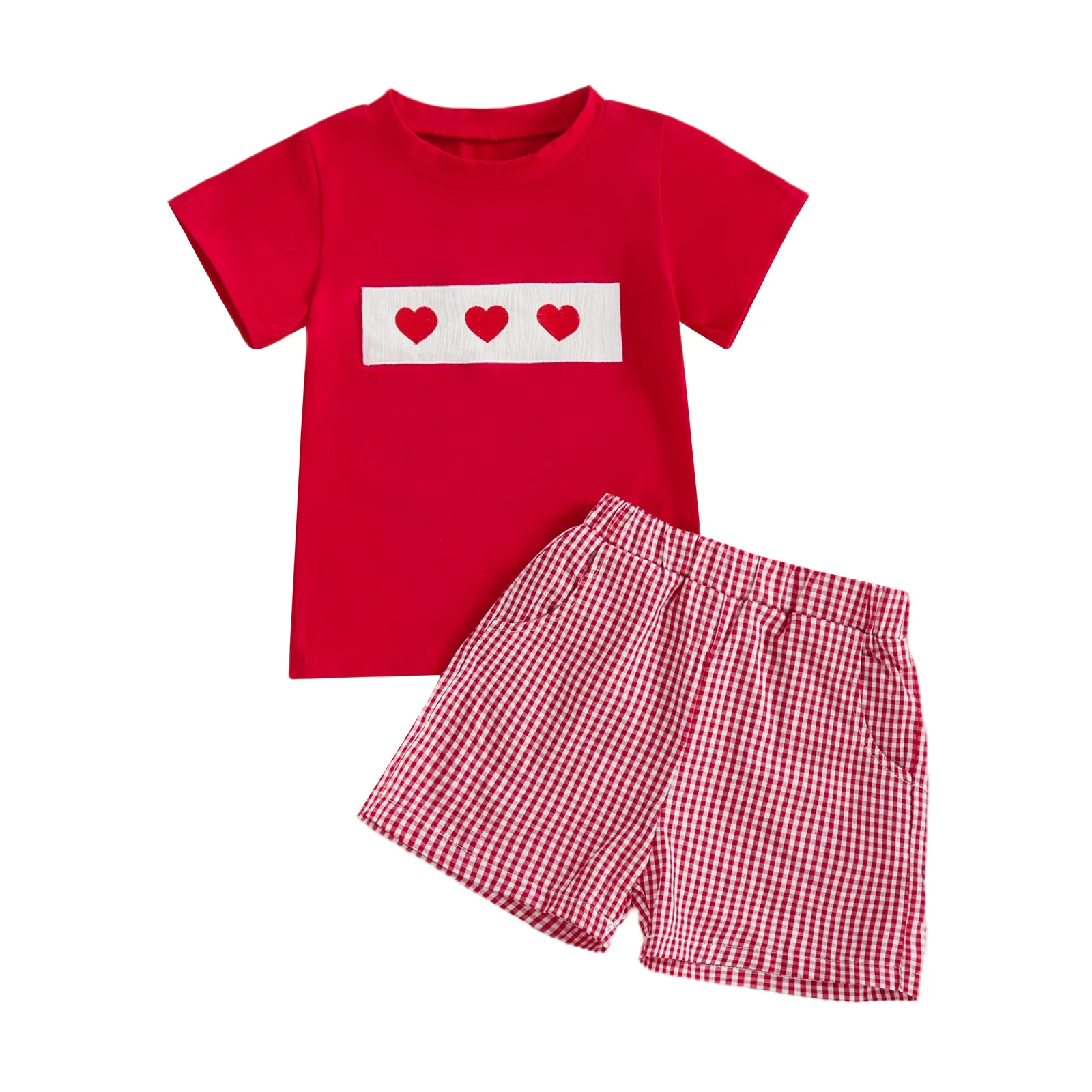 Ready to Ship Valentine's Day Baby Boy Clothes Heart Smock Short Sleeve and Shorts Set Boutique Embroidered Children's Clothing