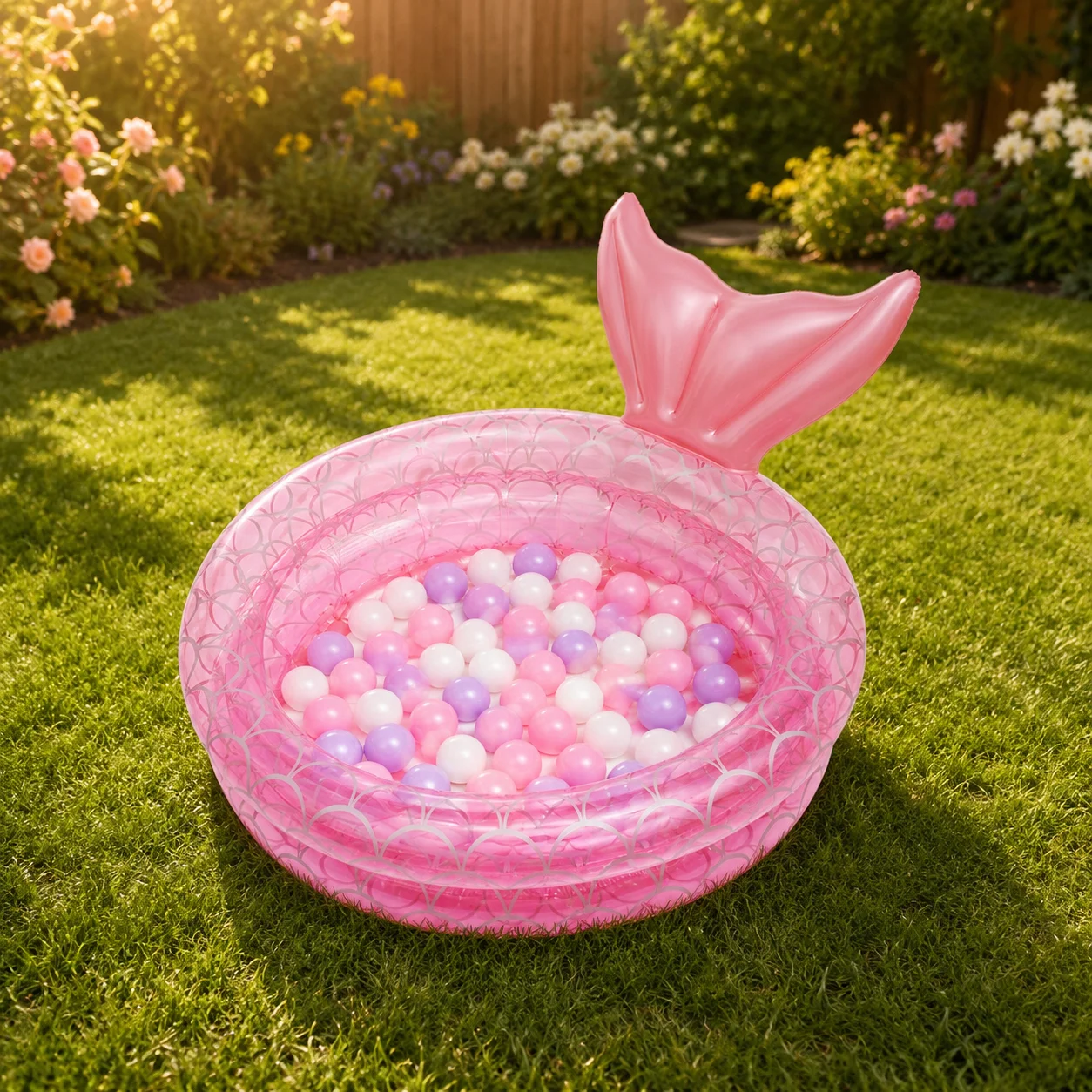 Inflatable Ball Pit Pool Mermaid Tail Design, Pink Foldable Play Pool with Ocean Balls, Portable Indoor Outdoor Activity Pool