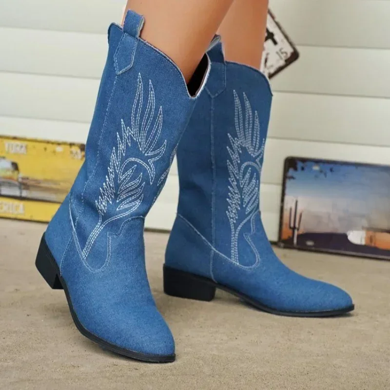 Femmes mode sans lacet chevalier bottes dames automne hiver semelle épaisse chevalier bottes bout pointu talon carré brodé Cowboy bottes