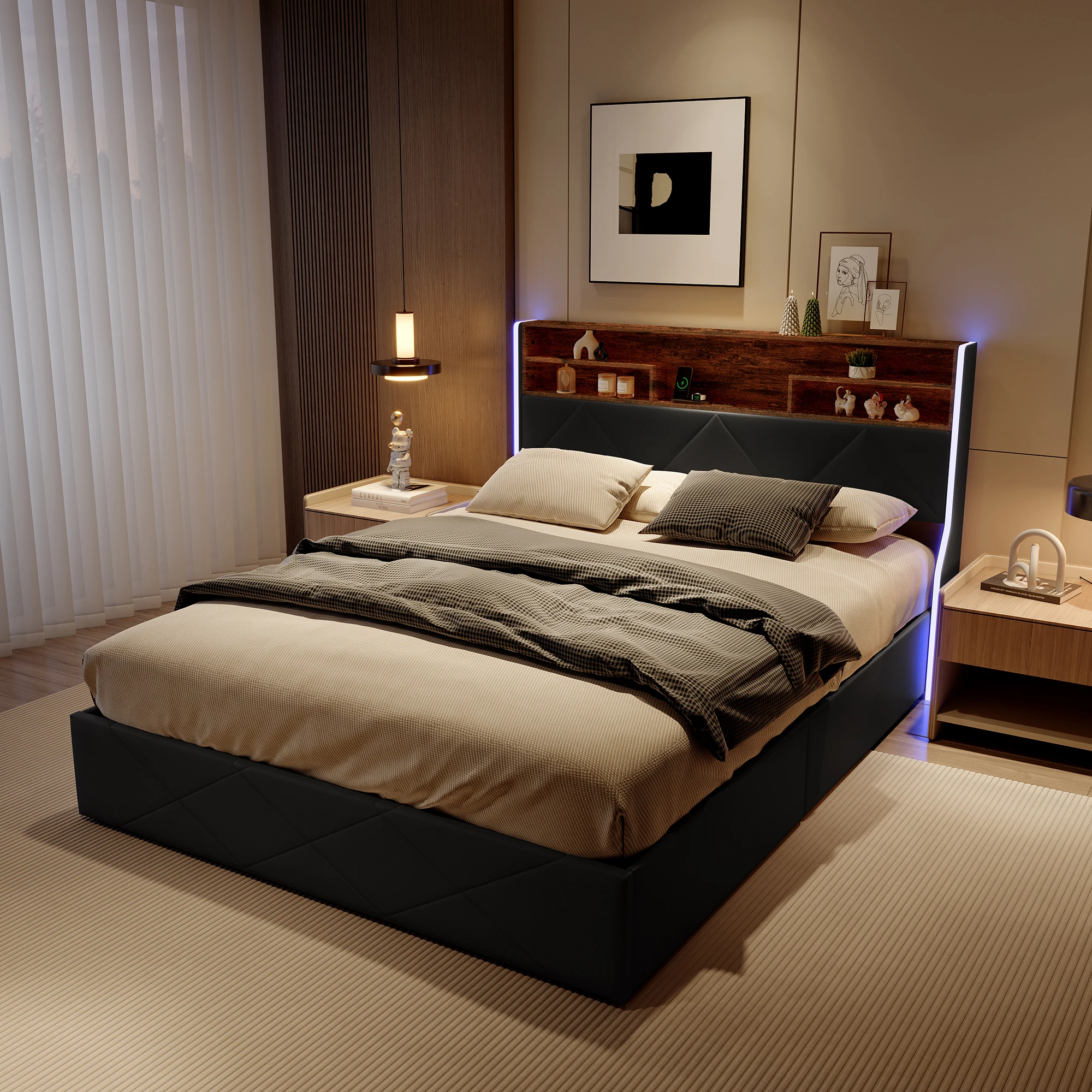 Anajqaqia Letto matrimoniale 140×200 cm con luci LED, contenitore idraulico con ricarica USB, testiera con vano portaoggetti, tessuto PU nero con motivo bruciato