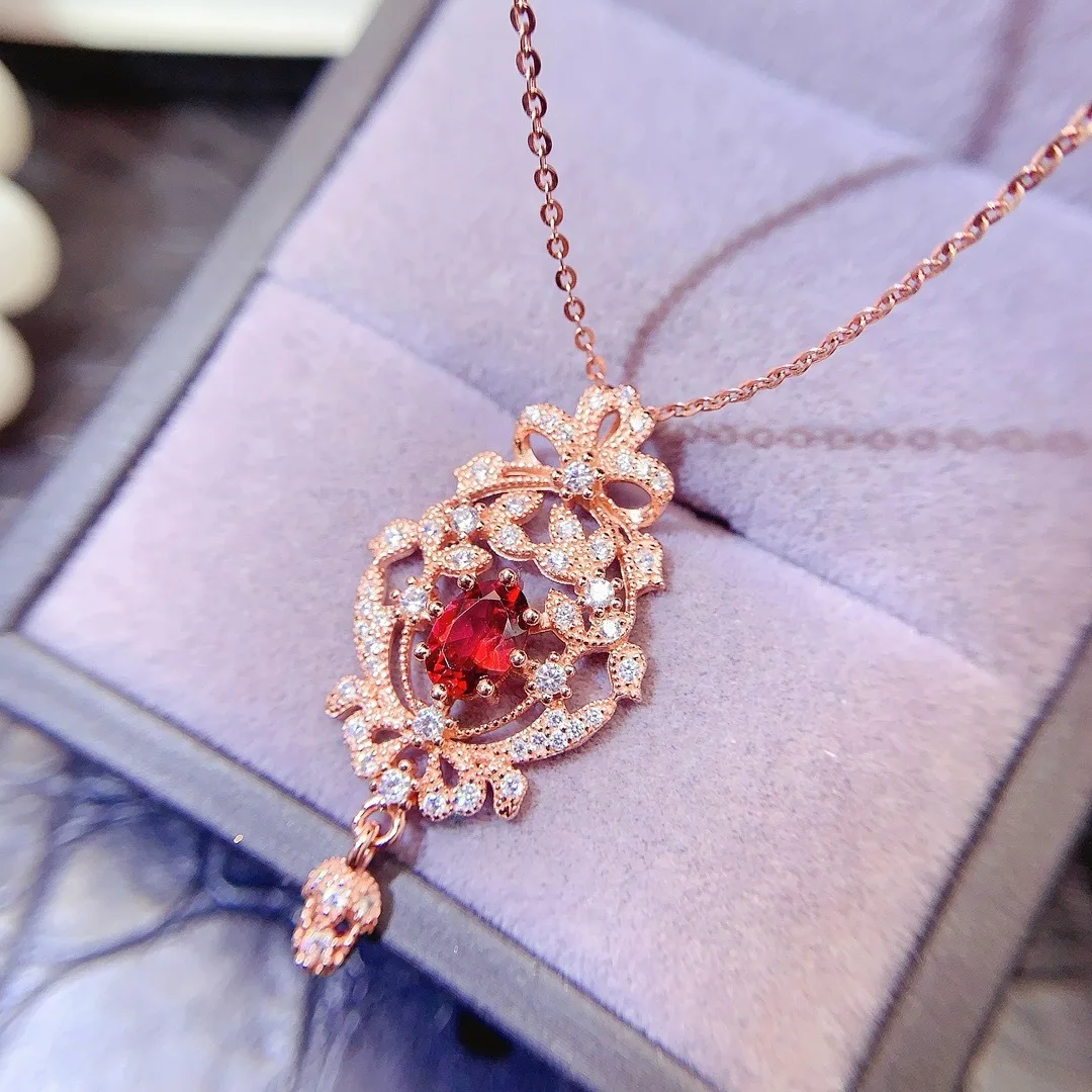 Boutique Jewelry Women's Natural Gemstone Pendant Necklace 925 Pure Silver Plated 18K Rose Gold Red Garnet Style Gift Girlfriend