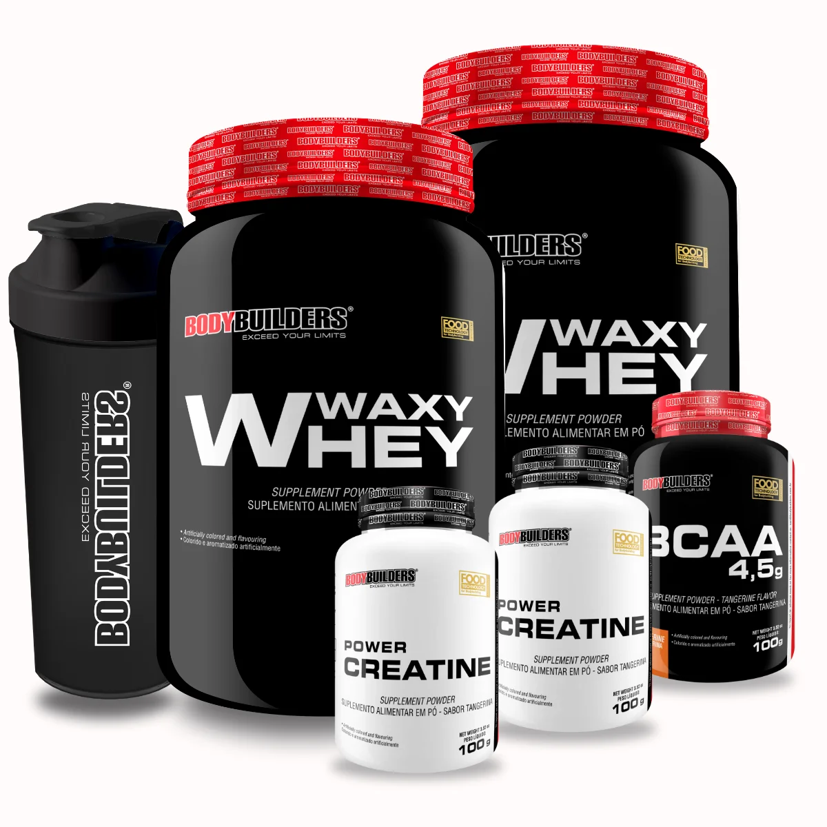 Kit 2x Whey Protein Waxy Whey 900g + 2x Creatine 100G + BCAA 100G + Cocktail Shakers-Bodybuilders