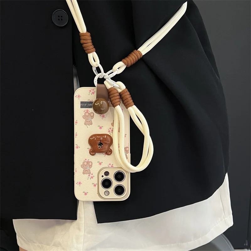 

Cute 3D Bear Leather Cartoon Phone Case for iPhone Crossbody Lange Fall Resistant Girl 11 12 13Pro 14 15 Pro Max