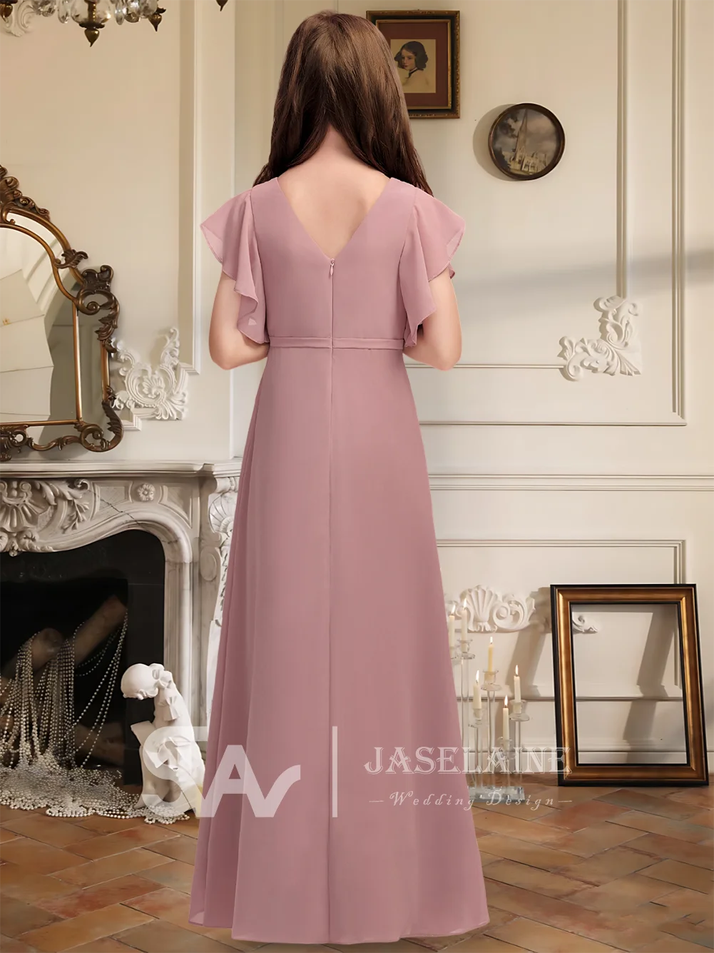 A-Line V-Neck Floor-Length Chiffon Junior Bridesmaid Dress With Cascading Ruffles Flower Girl Dress Girls Party Wedding Formal
