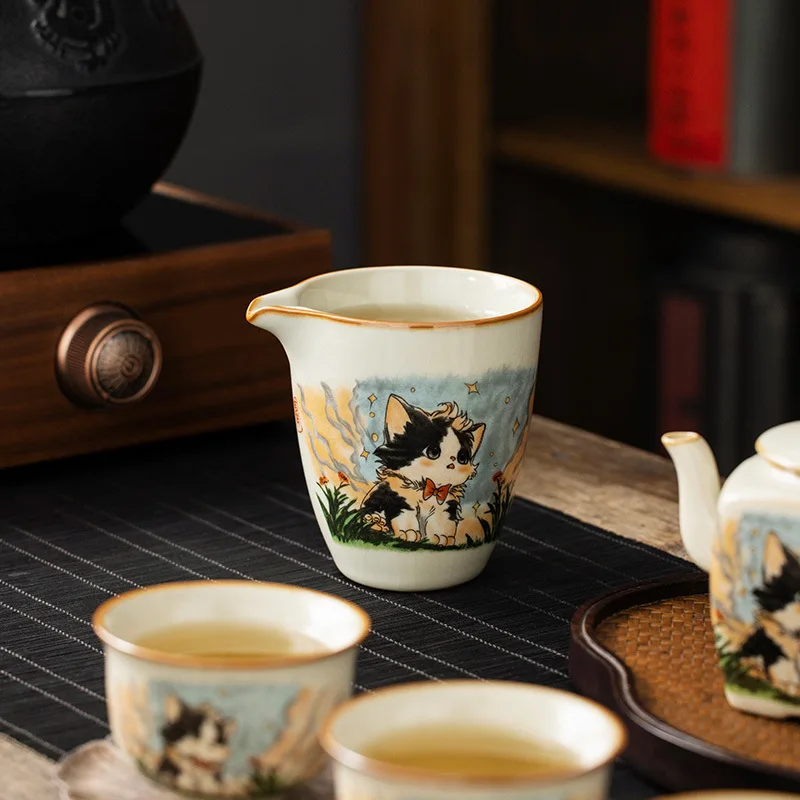 Cute Cat Ceramic Opening Porcelain Fair Cup Chinese Kung Fu Tea Zen Ru Yao Tea Sea Teacup Teaware Yellow Tea Ceremony Utensil