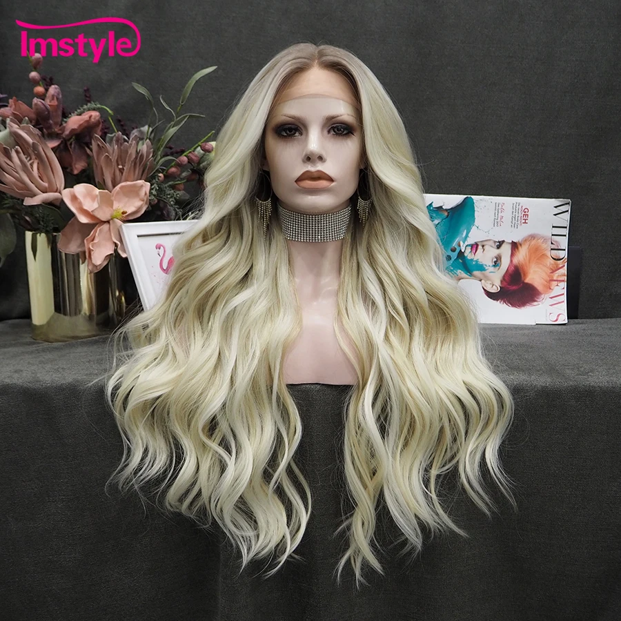 Imstyle-Perruque Lace Front Wig Synthétique Blonde Ombrée pour Femme, Perruques Lace Wig avec Raie au Milieu, Perruques Lace Wave sulfpour Femme, Naissance des Cheveux Naturelle