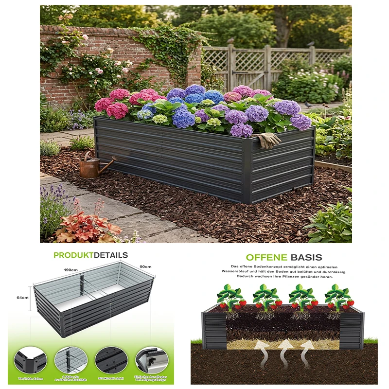 Lit de jardin surélevé en métal pour extérieur, 190x90x64 pieds, renforcé, galvanisé, antirouille, en acier coloré, pour légumes, bacs surélevés robustes pour cultiver des fleurs.