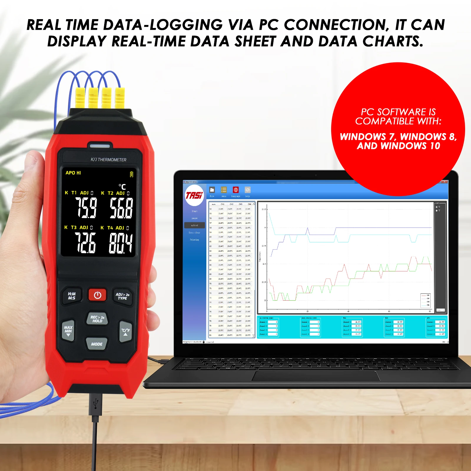 4-Channel Display K/J Datalogger Thermocouple Thermometer Real-Time Data Logging, Audible and Visible Alarm & ADJ Compensation