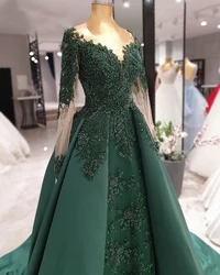 Long Evening Dress 2024 Mermaid Style Long Sleeve Sheer Scalloped Luxury Beaded Emerald Green Dubai Women Formal Evening Gowns