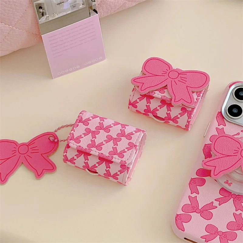 

Cute Pink Bow Knot Earphone Case for Apple Airpods Pro 3 2 1 Cover with Charm Soft Leather Headphone Charging Cases for Airpod 3