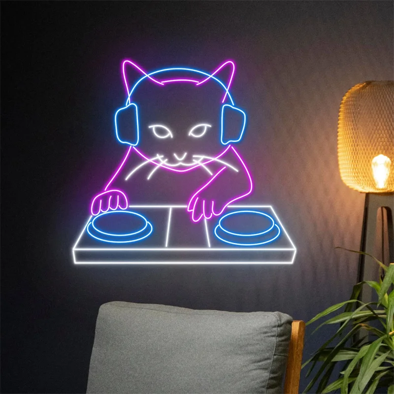 Cat DJ Neon Sign, DJ Cat Led Sign, Cat Playing Music Neon Light, Pet Led Light, Nursery Room Wall Art Decor, Animal Neon Light