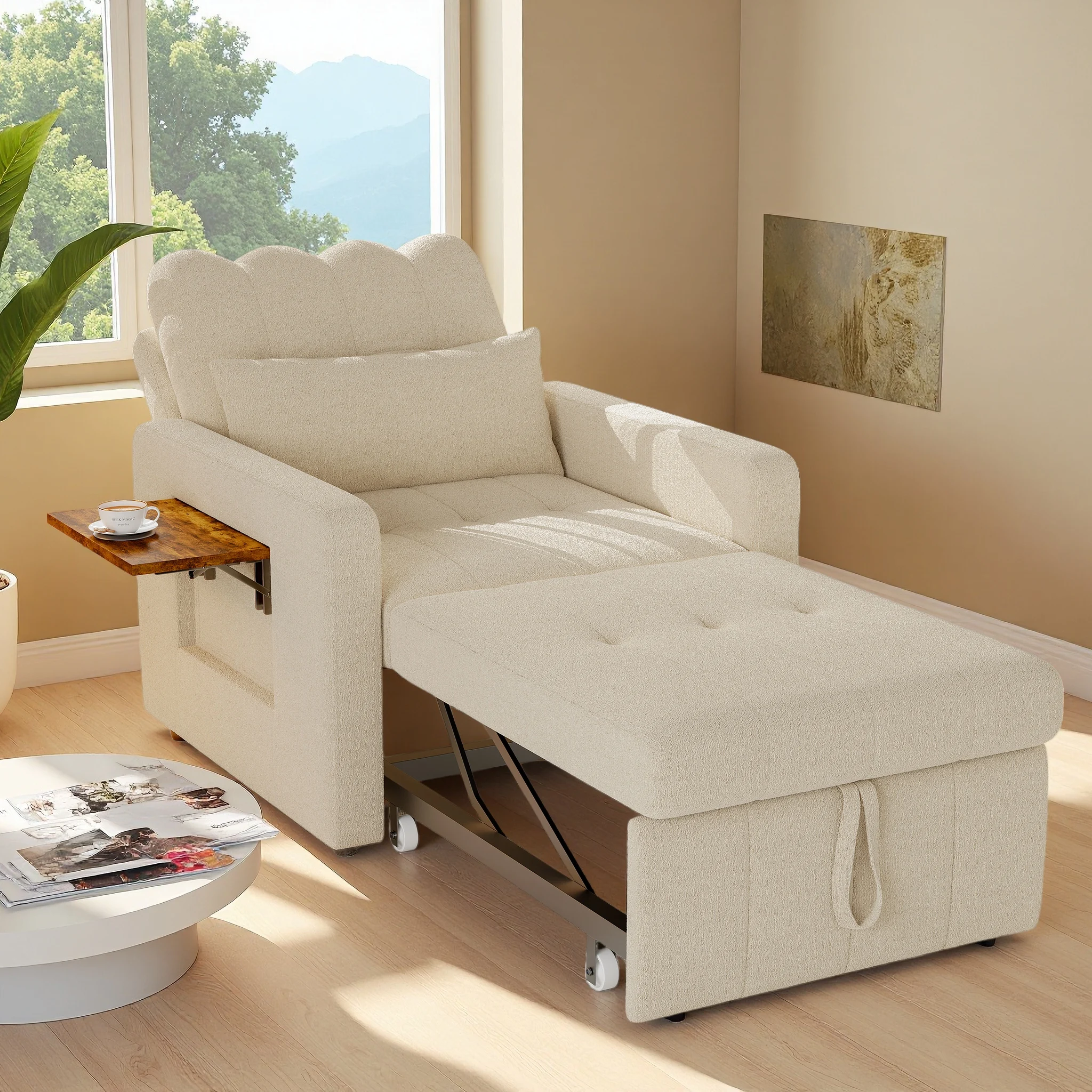Canapé-lit convertible, fauteuil-lit avec dossier réglable 5 positions, canapé-lit pliable, avec coussins et poche latérale, idéal pour les chambres d'amis et les petits espaces, en chenille beige.