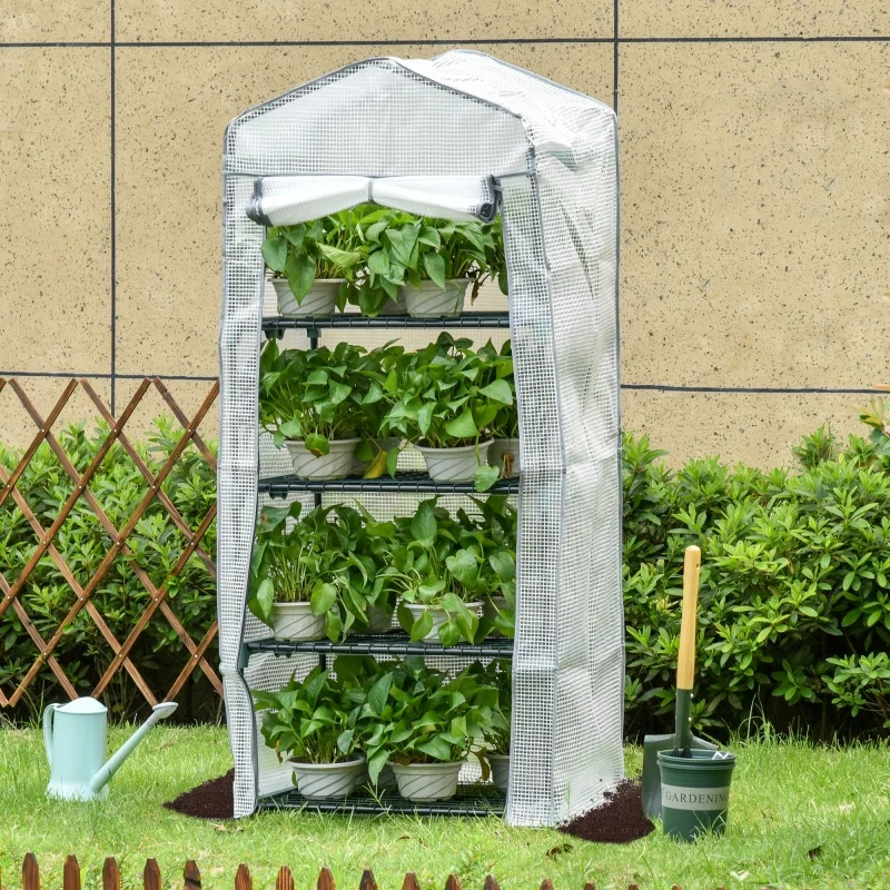 Serre de jardin miniature à 4 niveaux pour balcon, unité de culture avec étagères et structure en acier époxy, couverture imperméable amovible en PE haute densité, 70x50x160cm pour la culture d'herbes aromatiques en intérieur et en extérieur, blanc