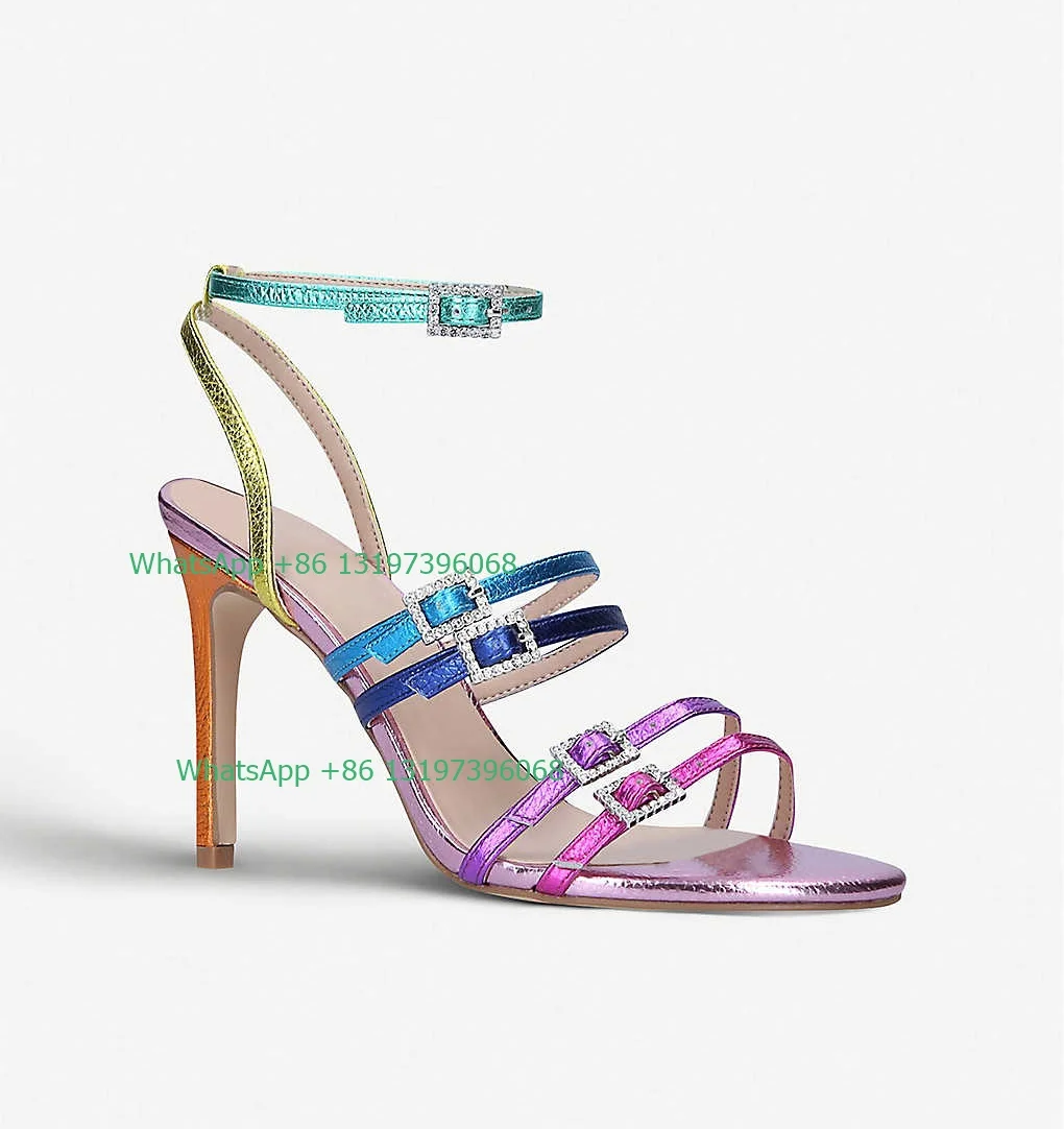

Lady color design rainbow PU sandals open toe buckle high heels summer party elegant mix color shoes size stiletto heel sandals