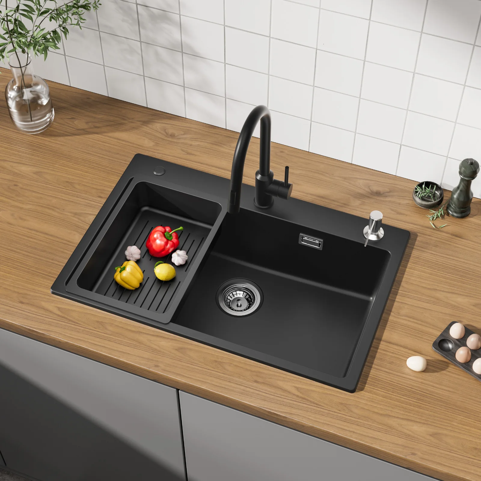 70 x 45 cm Küchenspüle Schwarz Quarzkomposit Steinspüle Einbauspüle mit Seifenspender und Spülkorb Hitzebeständig Steinstruktur Spülbecken Großer Raum für Moderne Küche Siphon Set