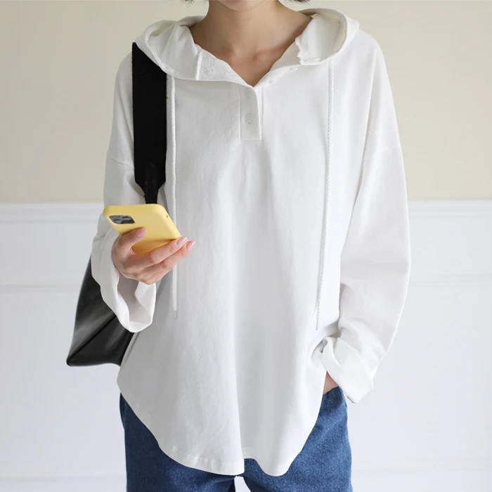 Button string hoody long sleeve T-shirt FREE fast shipping