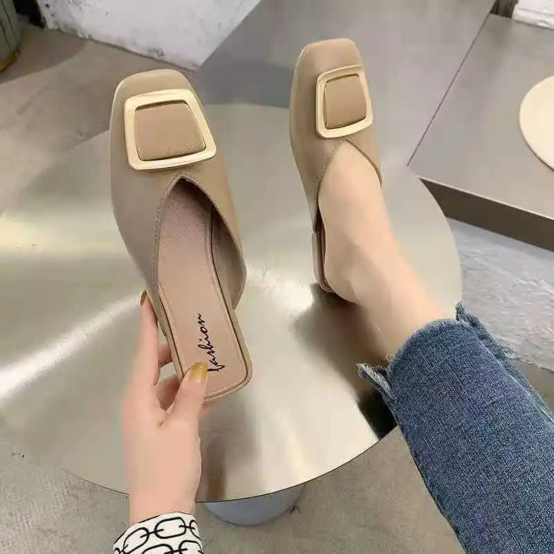 Summer Baotou Half Slippers Women Wear Square Buckle Lazy Fashion French Flat Bottom Sandals And Slippers Ins Tide Shoes