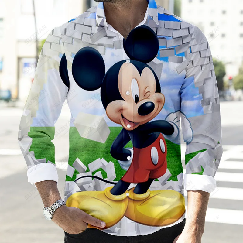 2022 Fall Newest Cartoon Casual Button Long Sleeve Shirt Disney Donald Duck and Mickey 3D Full Print Fashion Men\'s Lapel Top