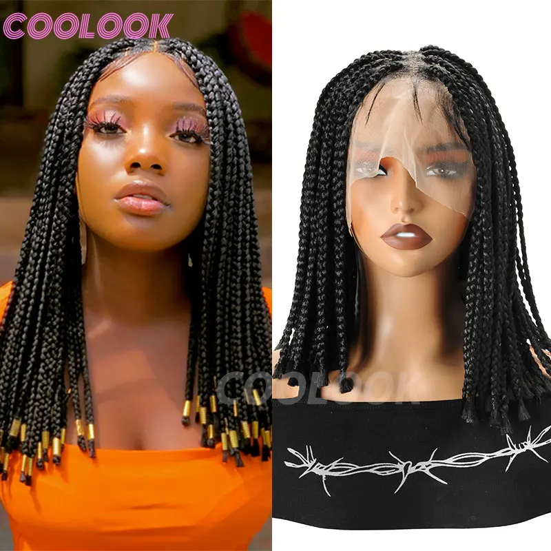 Pelucas trenzadas de Bob corto Pelucas trenzadas de caja frontal de encaje completo sintético Pelucas trenzadas de cornrow frontal de encaje negro para mujeres negras 10 pulgadas