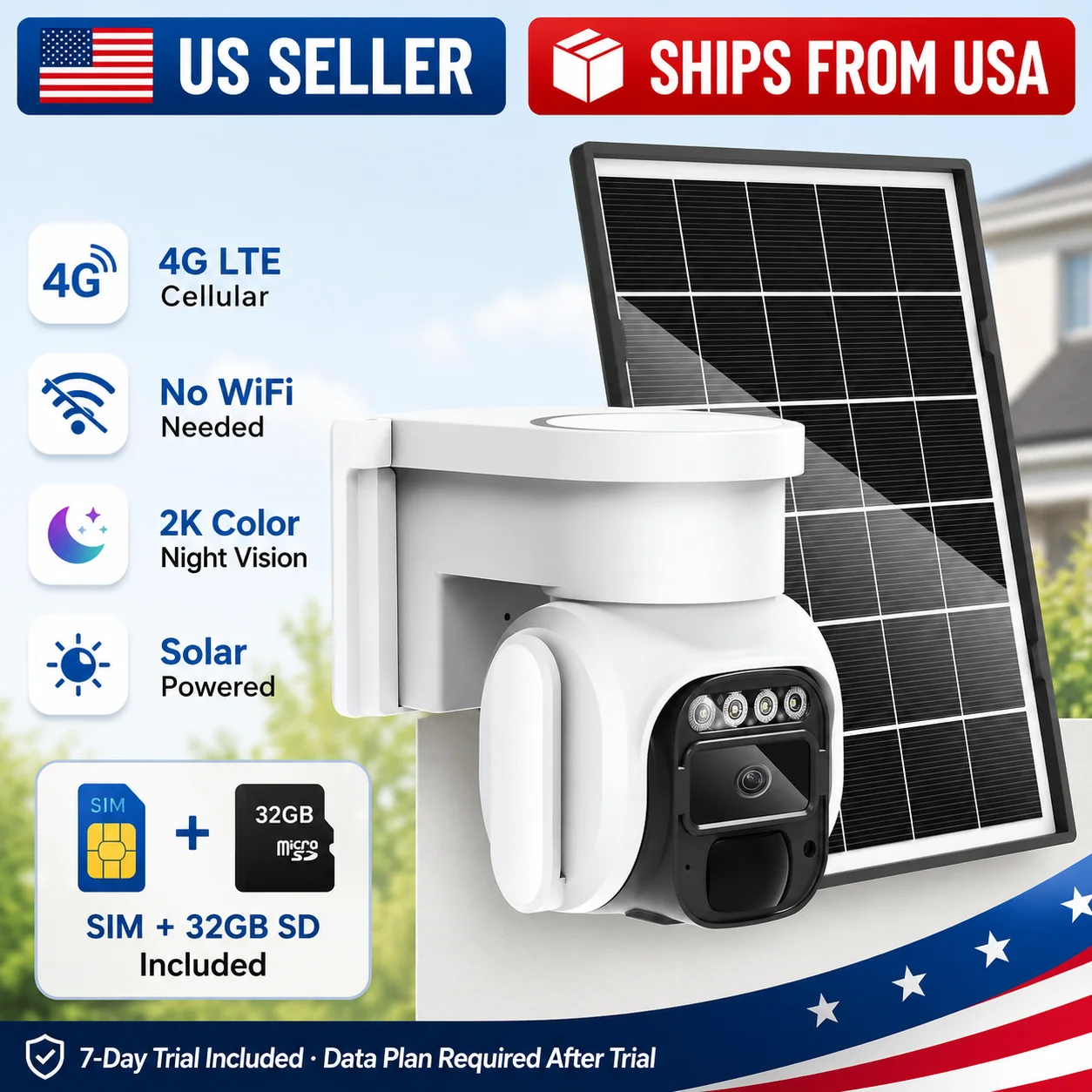 4G LTE Solar Security Camera Outdoor No WiFi, 2K Cellular Wireless Camera with SIM Card, Solar Powered, 360° Live View, Color Night Vision, PIR Motion Alerts, Two-Way Audio, 32GB SD Card Included