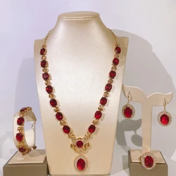 24K Dubai Gold Plated Inlaid Stone Necklace Jewelry Set Luxury Elegant Woman Party Ring Bracelet Accessories Wholesale Price Yll