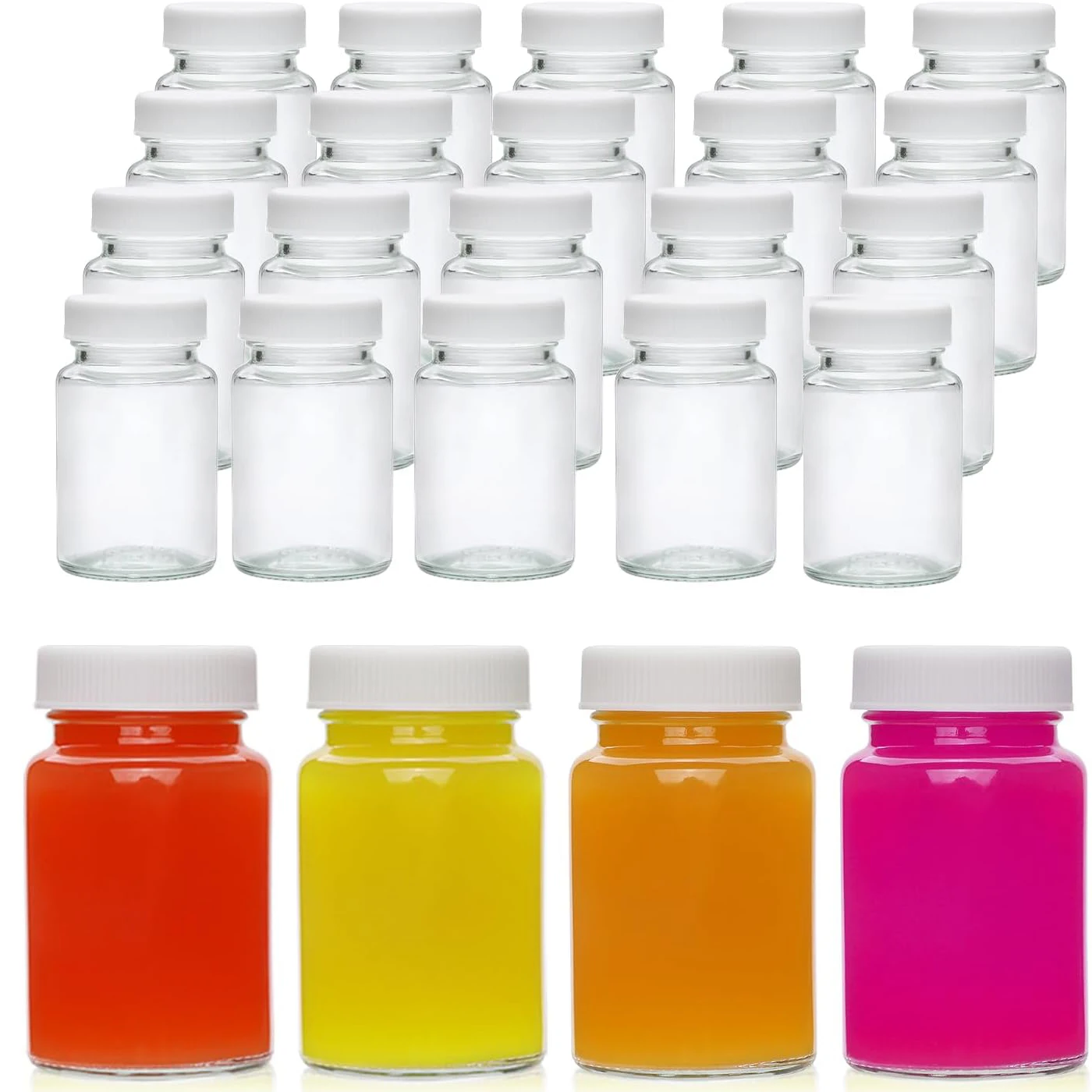 

Glass Shot Bottles w/White Lids - Small Clear Jar for Ginger Shot, Juice, Sample, Whiskey - Travel Essentials Mini Bottles