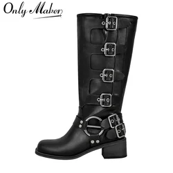 Onlymaker Women Gothic Black Knee High Boots Heeled Brown Metal Rivet Buckle Fashion Motorcycle Boots