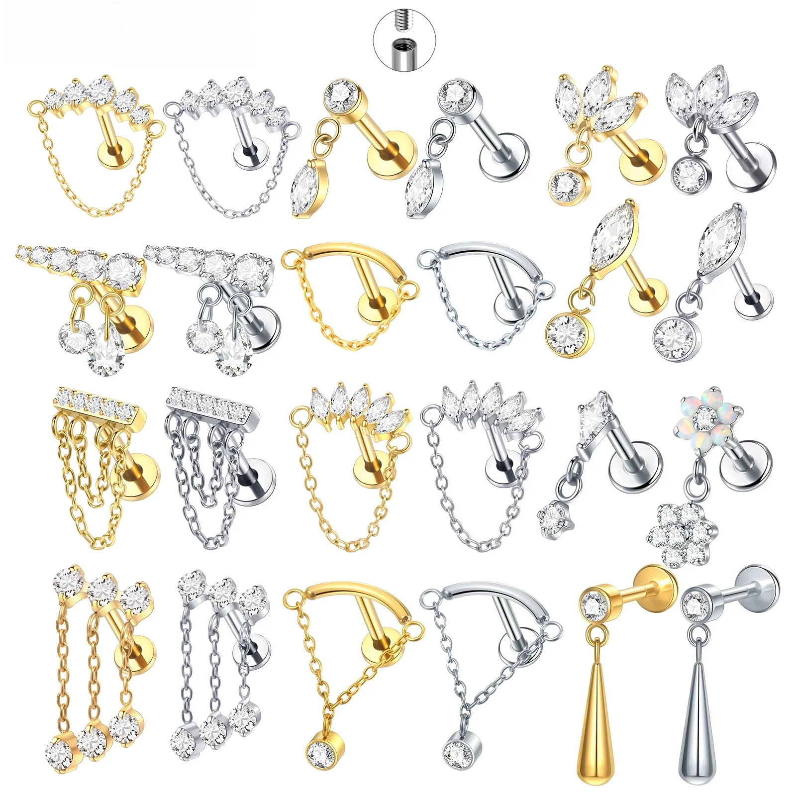 1 PC/5 Stuks Titanium Oorkraakbeen Oorbellen Interne Schroefdraad Piercings Verborgen Helix Stud CZ Drape Chain Flat Terug sieraden 16G - afbeelding 2