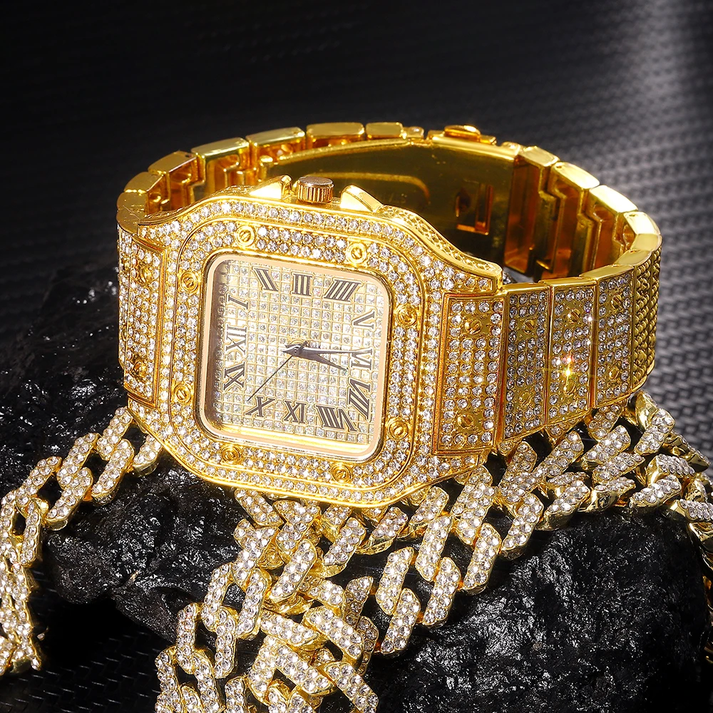 Hip Hop 13MM Cuban Chain 3PCS Watch+Necklace+Bracelet Bling Crystal Iced Out Rhinestones Cuban Chains For Women Men Jewelry Gift