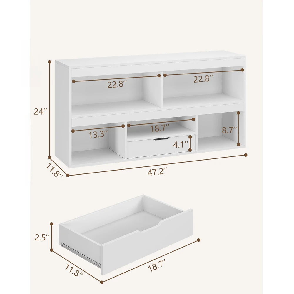 47,2" houten speelgoedopbergkast met 2 niveaus, uittrekbare lade & 5 verdeelde vakken, lage boekenplank-displaykast met anti-kantelmechanisme. Speelkamermeubilair voor slaapkamer en woonkamer