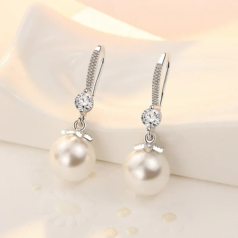 Fine 925 Sterling Silver Luxury Crystal Zircon Pearl Earrings Charms dla kobiety Zaręczynowy prezent ślubny Biżuteria — zdjęcie 2