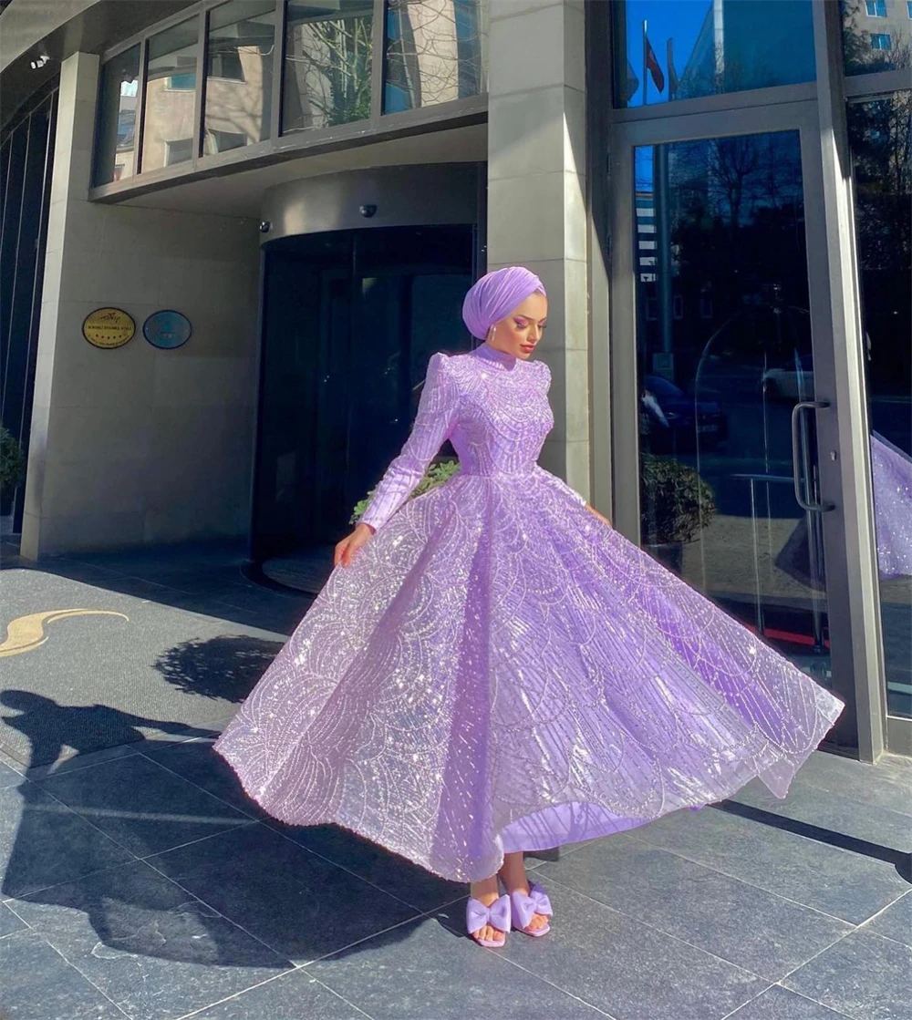 Sansa Customized Purple Pleats A-Line Beaded Prom Dress Long Sleeve High Neck Vestidos De Noche Ankle-Length Formal Evening 2025