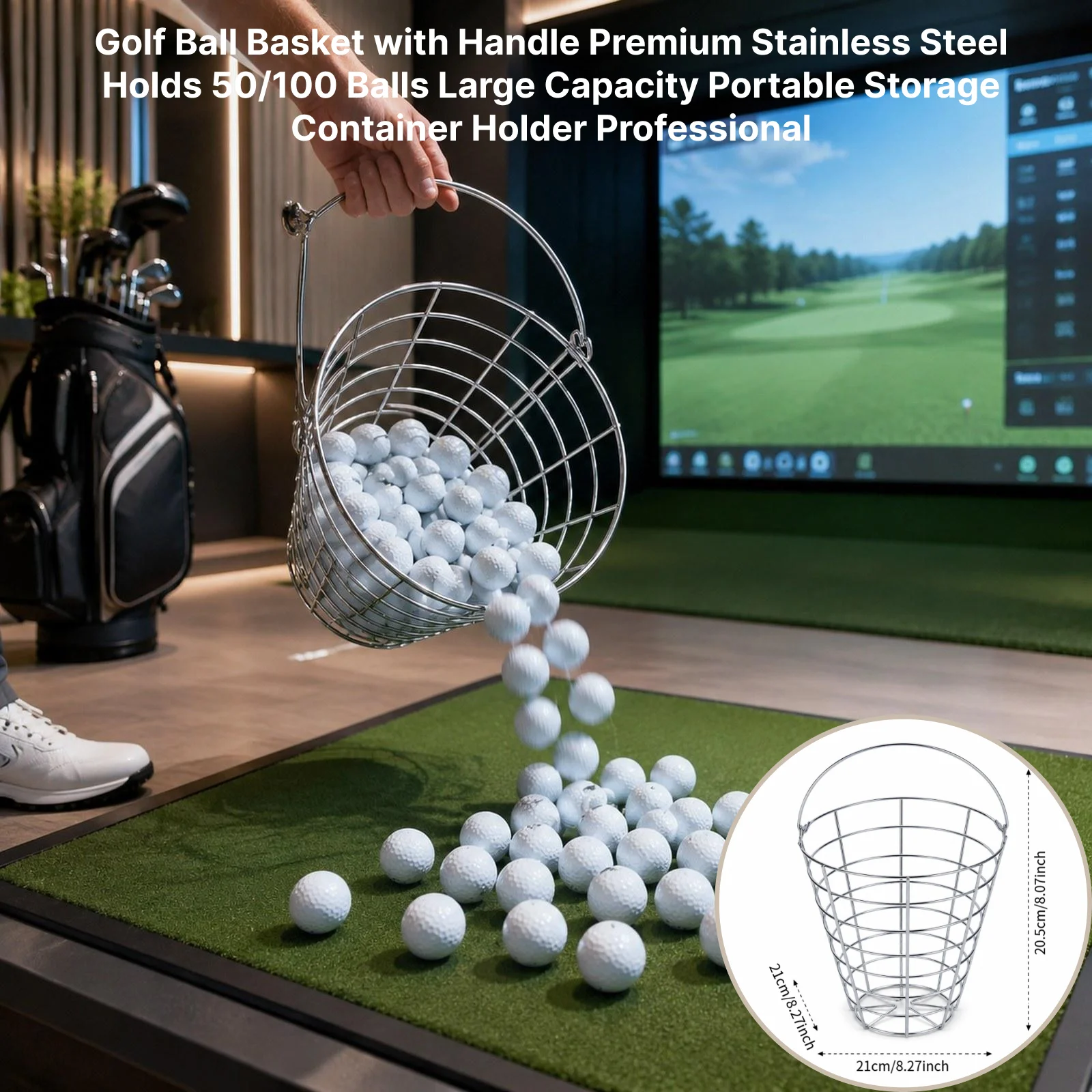 

Golf Ball Basket with Handle Premium Stainless Steel Holds 50/100 Balls Large Capacity Portable Storage Container Holder